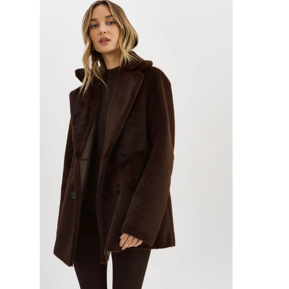 Lamarque Dark Brown Double-Breasted Faux Fur Coat nwt